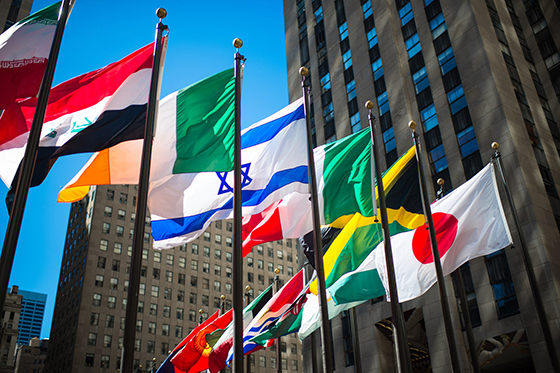 Photo of flags of different nations flying in front of the United Nations building. 