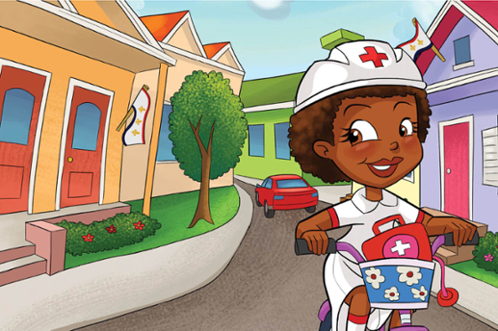 Colorful cartoon of Nurse Nola riding her bike down a residential street wearing a white nursing uniform. 