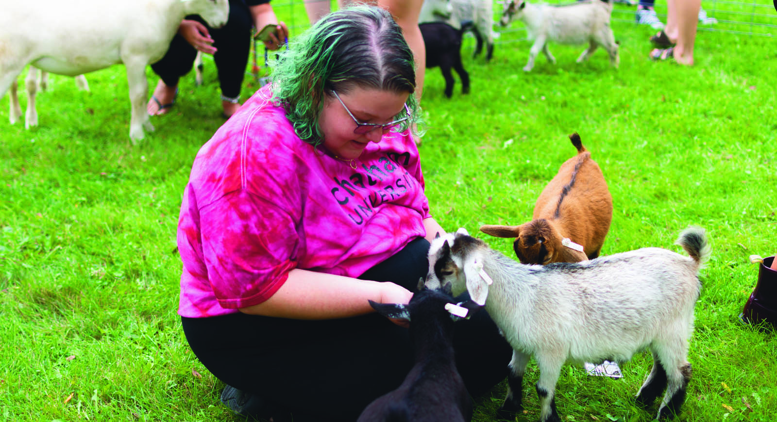 Photo of a Chatham student in a tie-dye Chatham University t-shirt, smiling and playing with goats at a campus event
