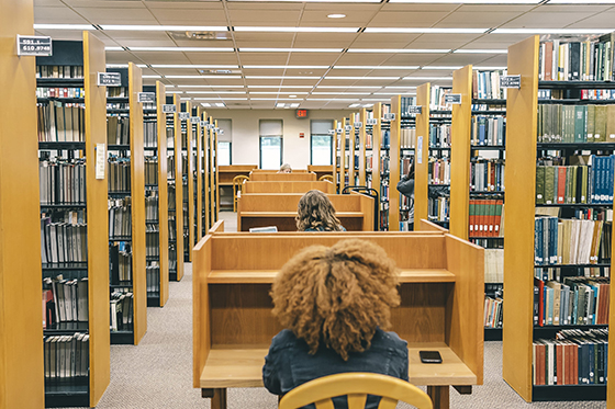 Photo of Chatham University students sitting in wooden cubicles, studying between stacks of books in Jennie Mellon King Library.