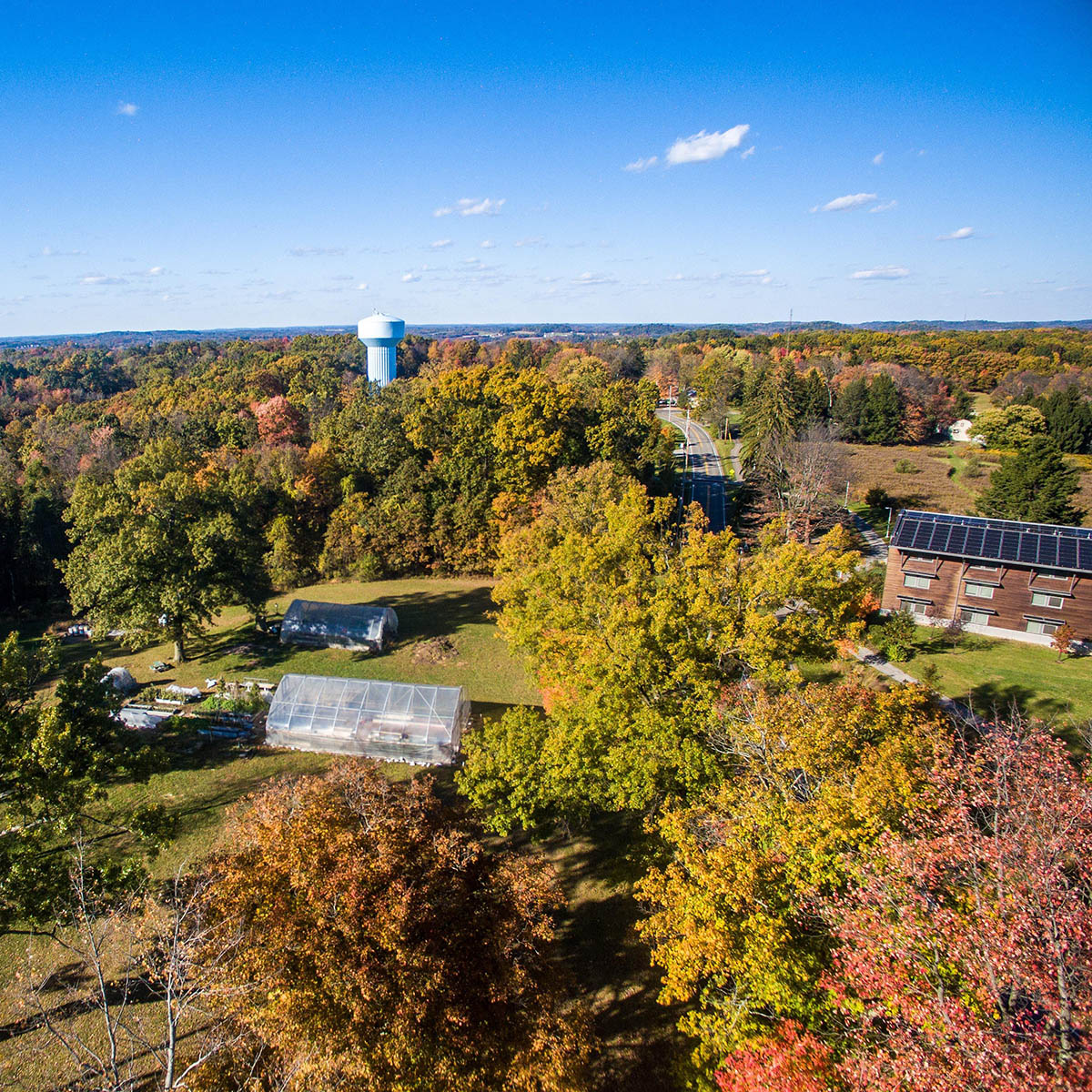 Aerial photo of Eden Hall Campus on a sunny fall day