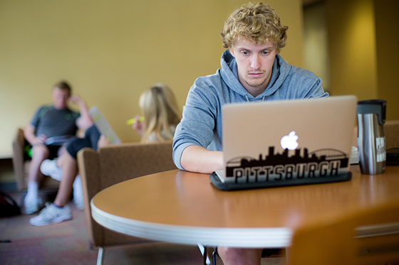 Photo of a Chatham University student typing on a silver laptop with a black Pittsburgh skyline sticker. 