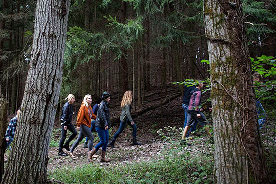 Falk School of Sustainability & Environment students walking through a forest on Eden Hall Farm