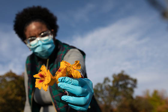 Photo of a masked Chatham University student showing a squash blossom to the camera