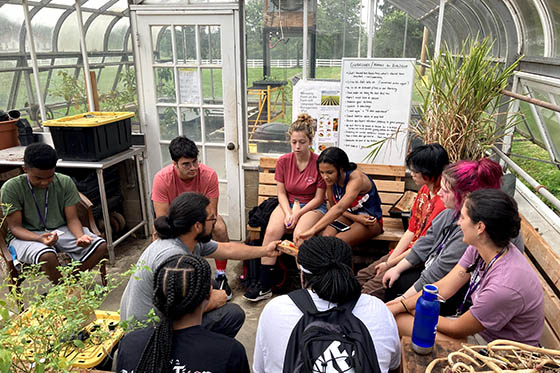 Photo of SLA students working in a group, in a greenhouse on Eden Hall Campus